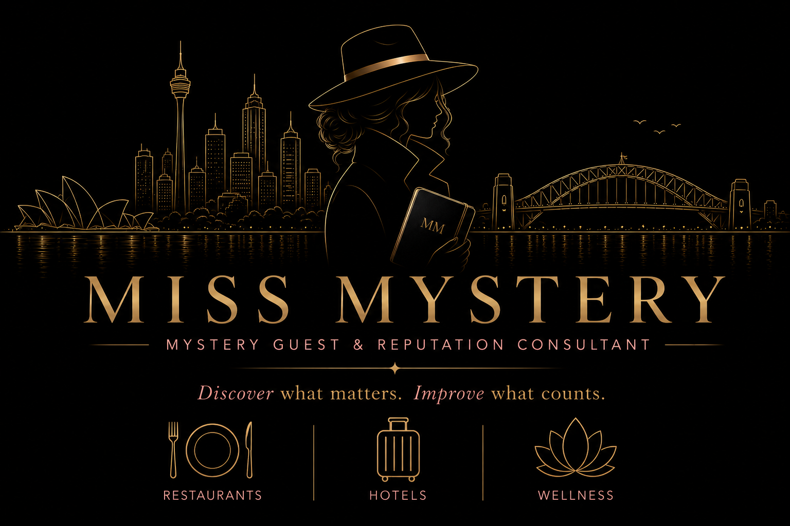 Miss Mystery — Mystery Guest & Reputation Consultant. Sydney skyline, silhouette of a woman in a wide-brim hat holding a leather MM notebook.